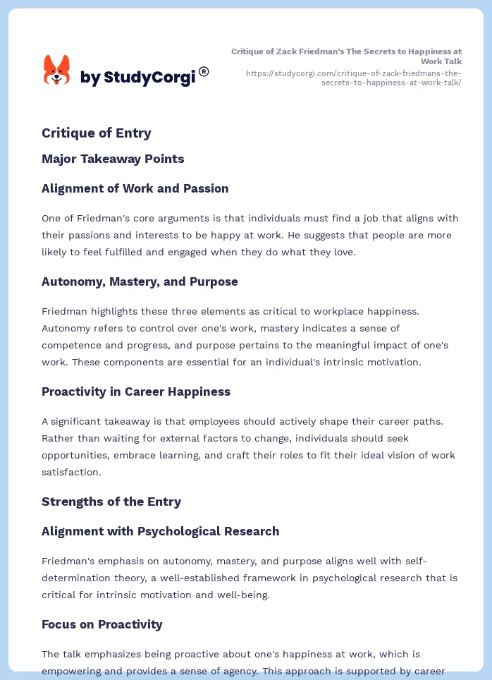 Critique of Zack Friedman’s The Secrets to Happiness at Work Talk. Page 2