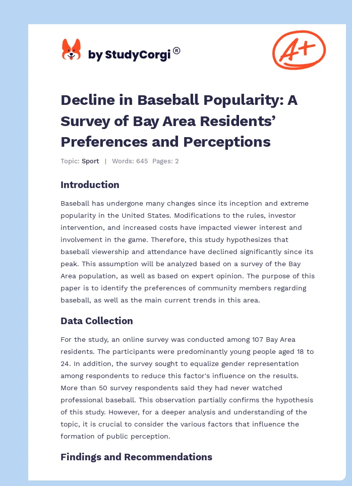 Decline in Baseball Popularity: A Survey of Bay Area Residents’ Preferences and Perceptions. Page 1
