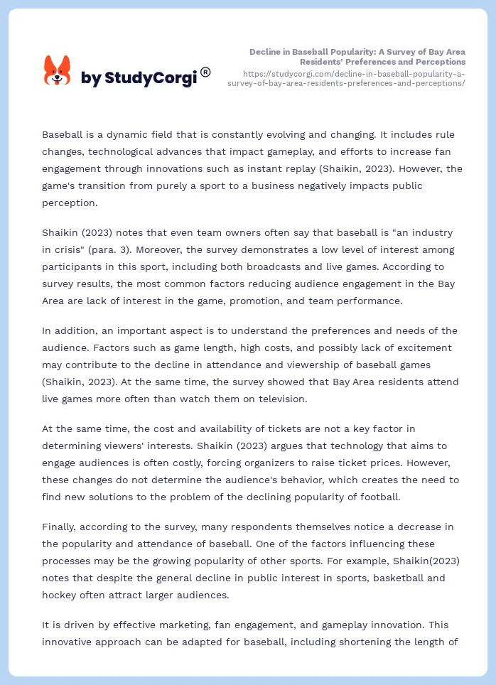 Decline in Baseball Popularity: A Survey of Bay Area Residents’ Preferences and Perceptions. Page 2