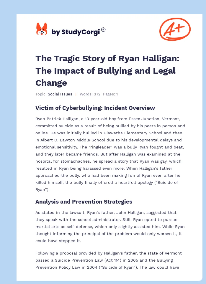 The Tragic Story of Ryan Halligan: The Impact of Bullying and Legal Change. Page 1