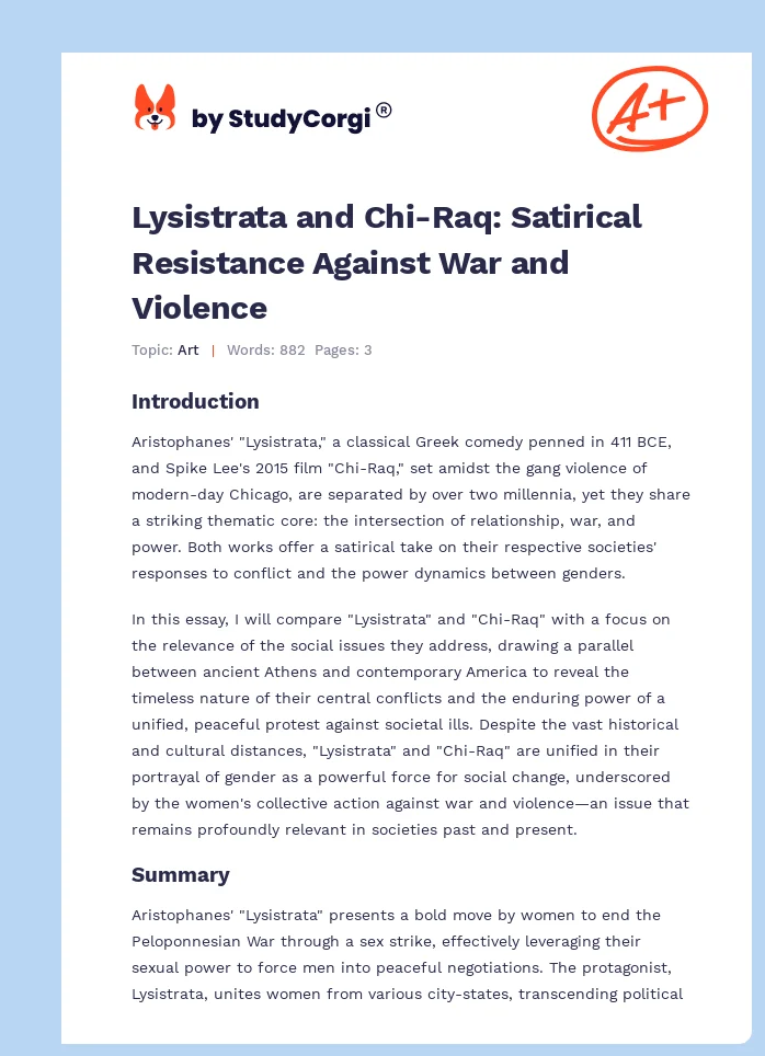 Lysistrata and Chi-Raq: Satirical Resistance Against War and Violence. Page 1