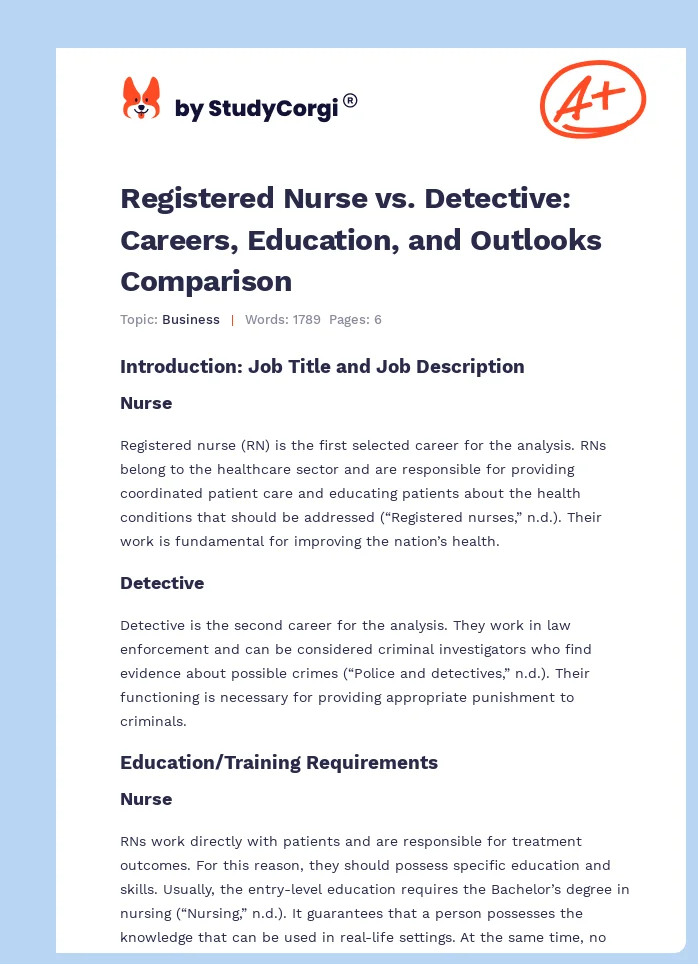 Registered Nurse vs. Detective: Careers, Education, and Outlooks Comparison. Page 1