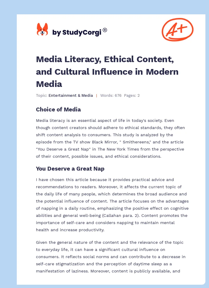 Media Literacy, Ethical Content, and Cultural Influence in Modern Media. Page 1