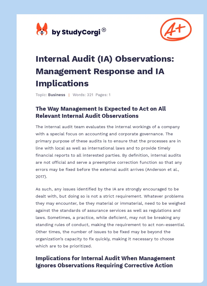 Internal Audit (IA) Observations: Management Response and IA Implications. Page 1