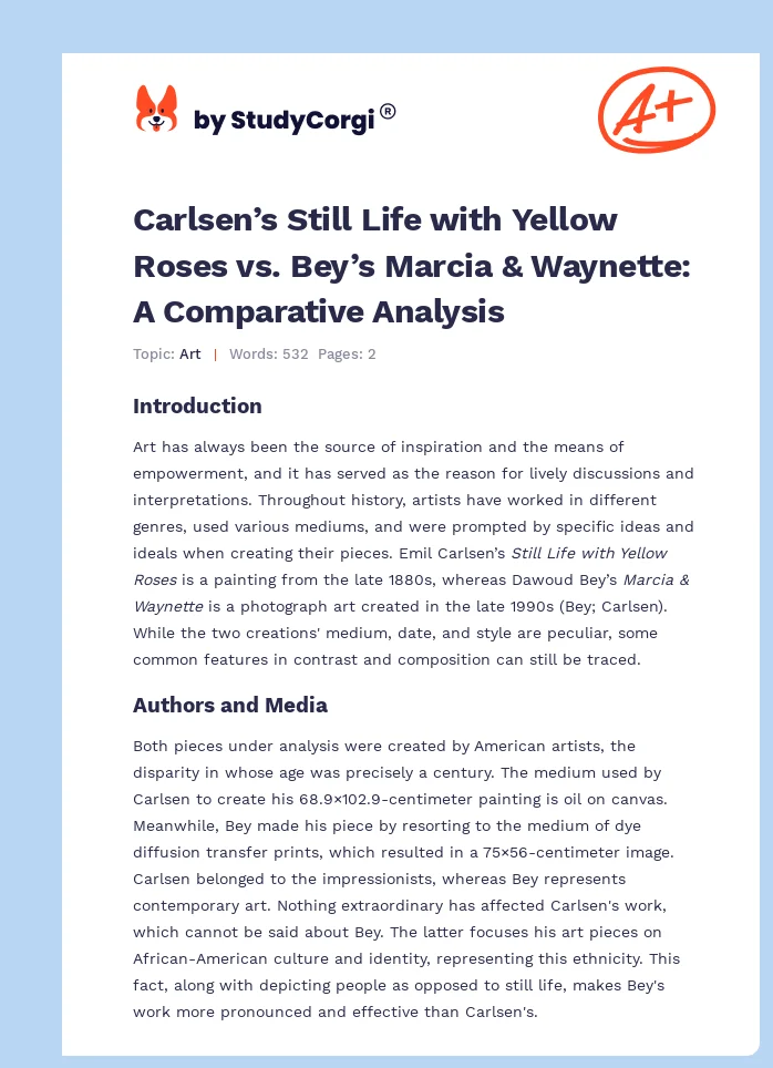 Carlsen’s Still Life with Yellow Roses vs. Bey’s Marcia & Waynette: A Comparative Analysis. Page 1