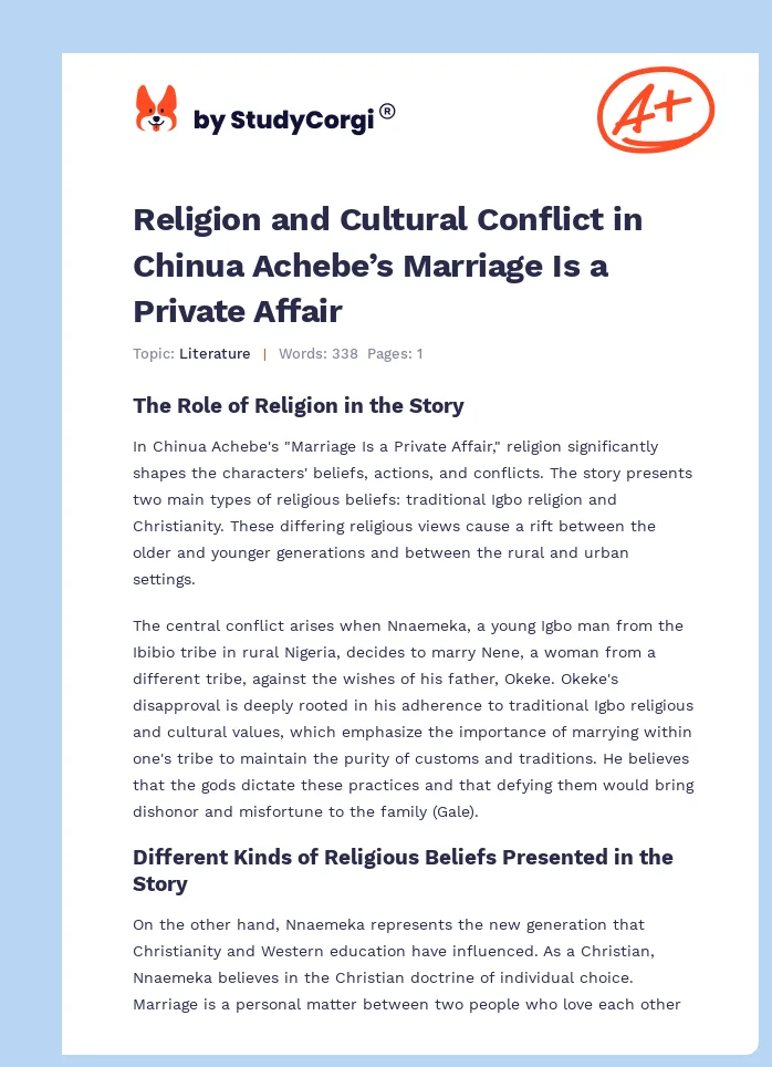 Religion and Cultural Conflict in Chinua Achebe’s Marriage Is a Private Affair. Page 1