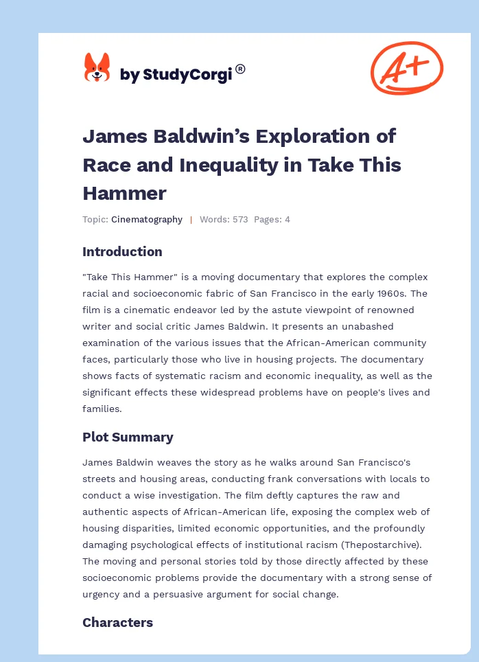 James Baldwin’s Exploration of Race and Inequality in Take This Hammer. Page 1