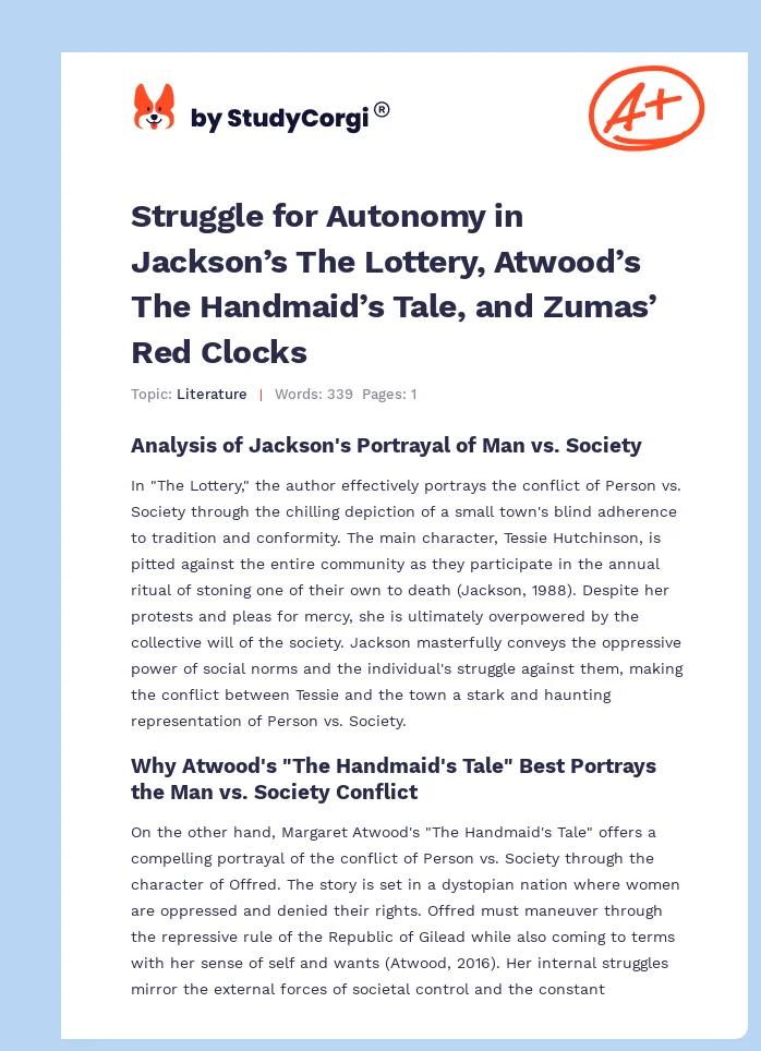 Struggle for Autonomy in Jackson’s The Lottery, Atwood’s The Handmaid’s Tale, and Zumas’ Red Clocks. Page 1