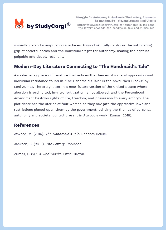 Struggle for Autonomy in Jackson’s The Lottery, Atwood’s The Handmaid’s Tale, and Zumas’ Red Clocks. Page 2