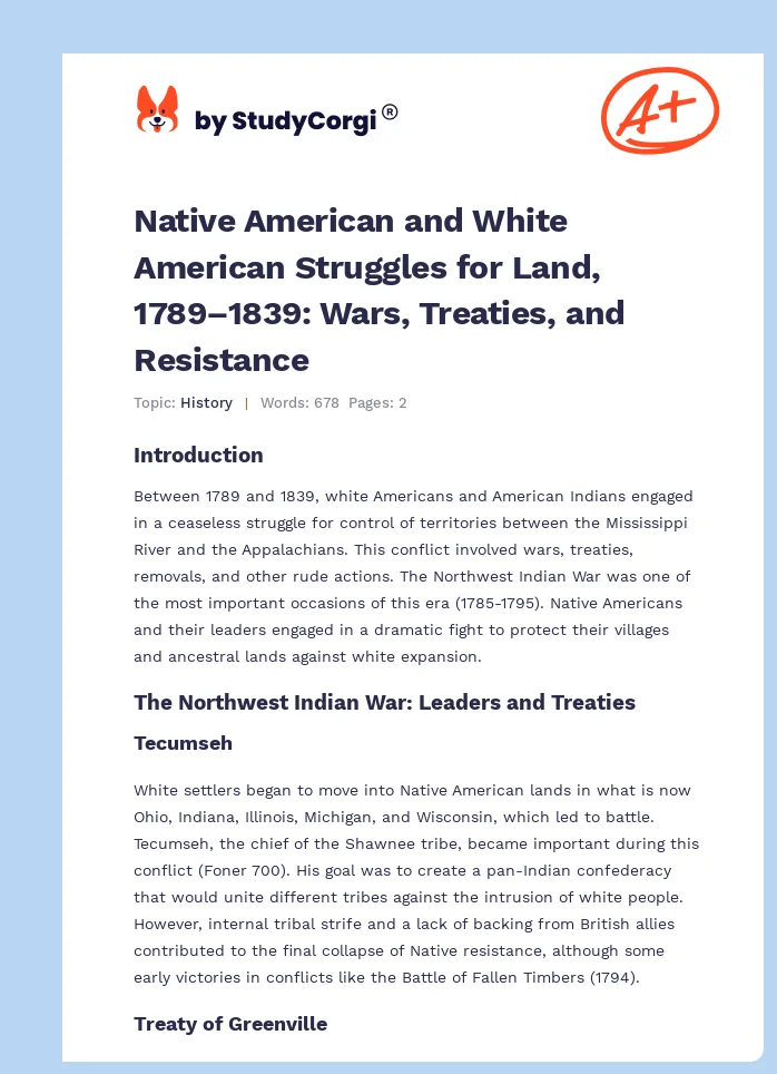 Native American and White American Struggles for Land, 1789–1839: Wars, Treaties, and Resistance. Page 1