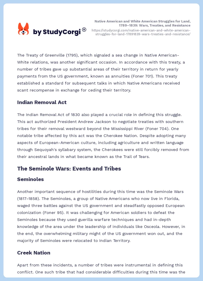 Native American and White American Struggles for Land, 1789–1839: Wars, Treaties, and Resistance. Page 2