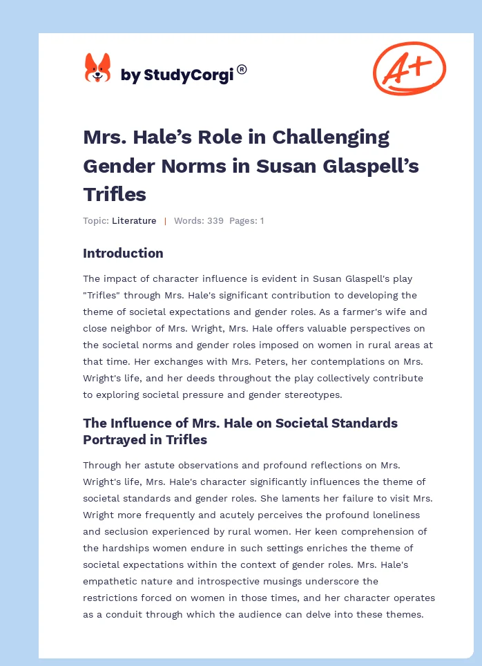 Mrs. Hale’s Role in Challenging Gender Norms in Susan Glaspell’s Trifles. Page 1