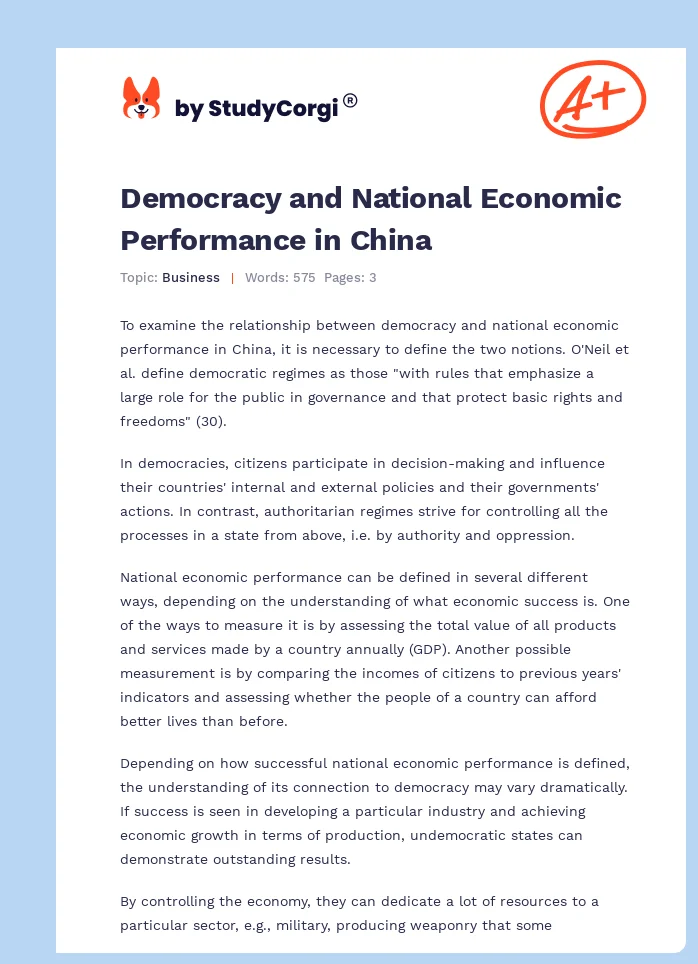 Democracy and National Economic Performance in China. Page 1