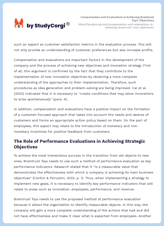 Compensation and Evaluations in Achieving Braintrust Toys' Objectives. Page 2