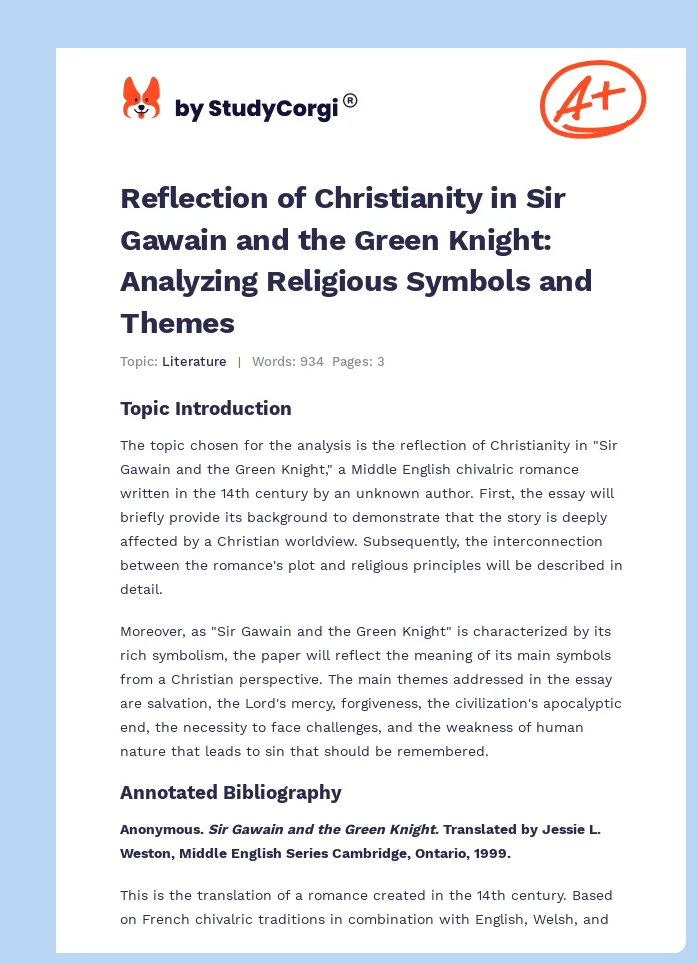 Reflection of Christianity in Sir Gawain and the Green Knight: Analyzing Religious Symbols and Themes. Page 1