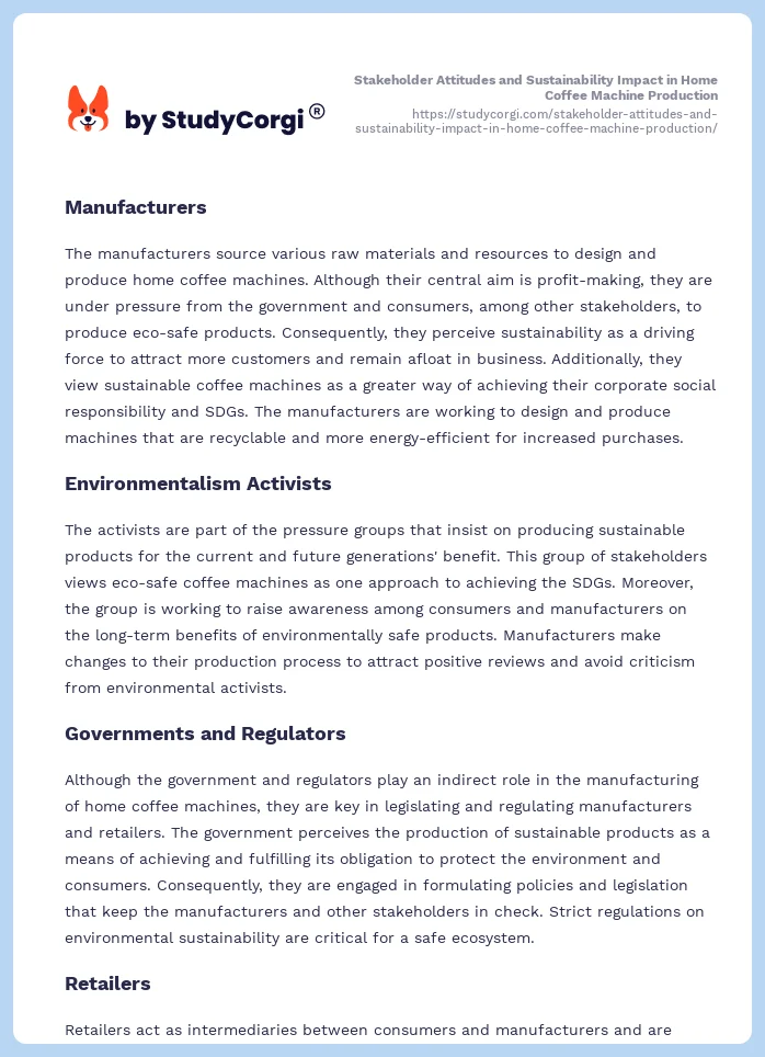 Stakeholder Attitudes and Sustainability Impact in Home Coffee Machine Production. Page 2