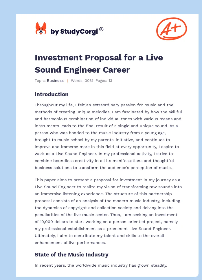Investment Proposal for a Live Sound Engineer Career. Page 1