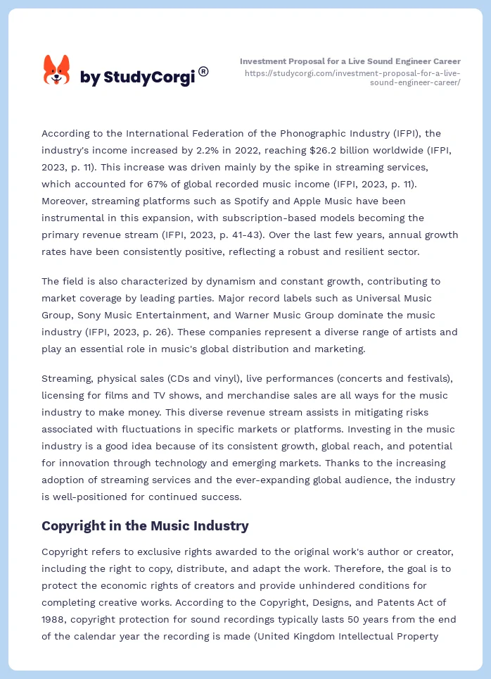 Investment Proposal for a Live Sound Engineer Career. Page 2