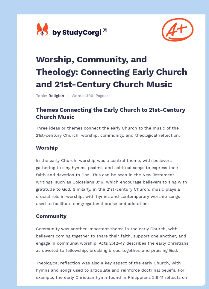 Worship, Community, and Theology: Connecting Early Church and 21st-Century Church Music. Page 1