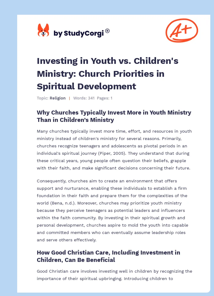 Investing in Youth vs. Children's Ministry: Church Priorities in Spiritual Development. Page 1