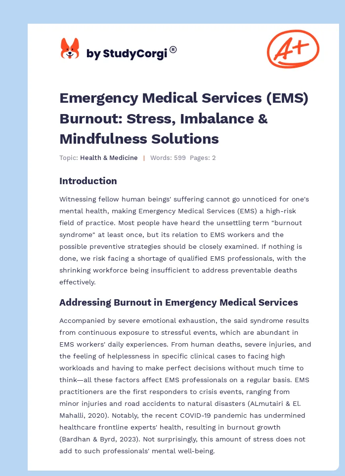 Emergency Medical Services (EMS) Burnout: Stress, Imbalance & Mindfulness Solutions. Page 1
