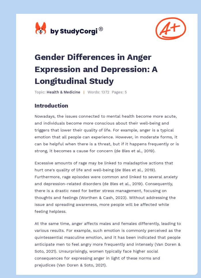 Gender Differences in Anger Expression and Depression: A Longitudinal Study. Page 1