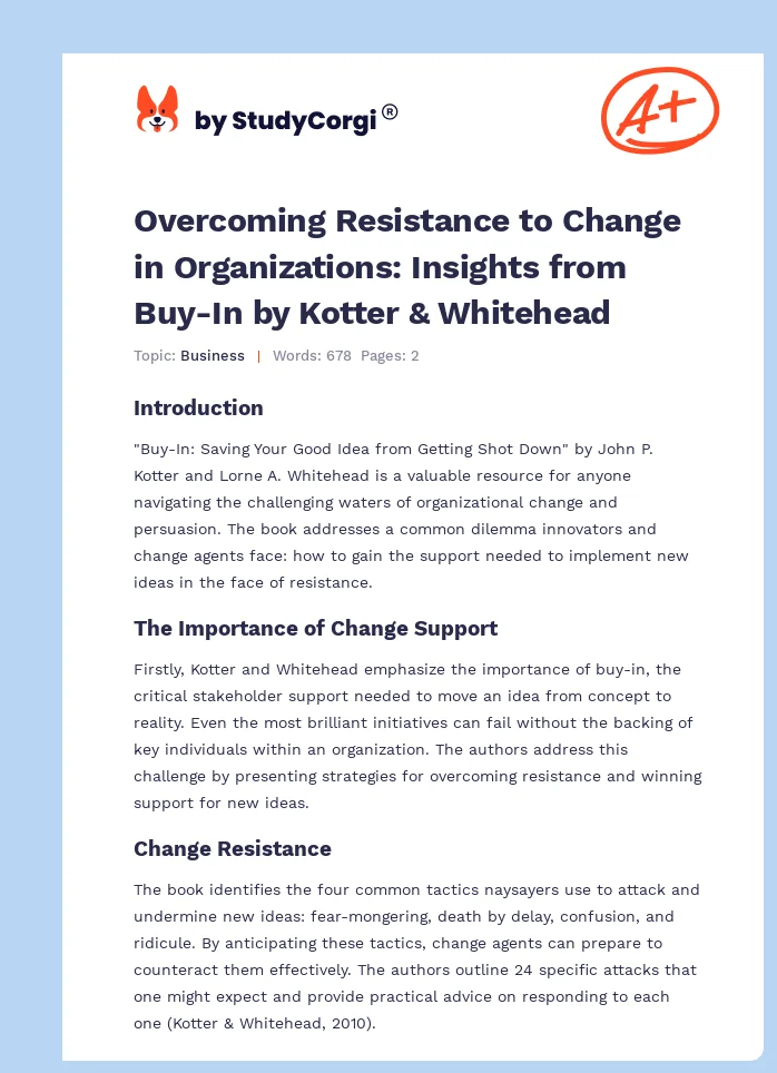 Overcoming Resistance to Change in Organizations: Insights from Buy-In by Kotter & Whitehead. Page 1