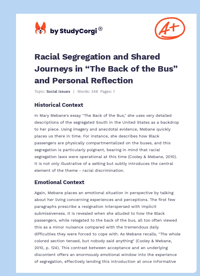 Racial Segregation and Shared Journeys in “The Back of the Bus” and Personal Reflection. Page 1