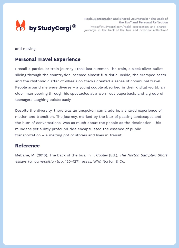 Racial Segregation and Shared Journeys in “The Back of the Bus” and Personal Reflection. Page 2