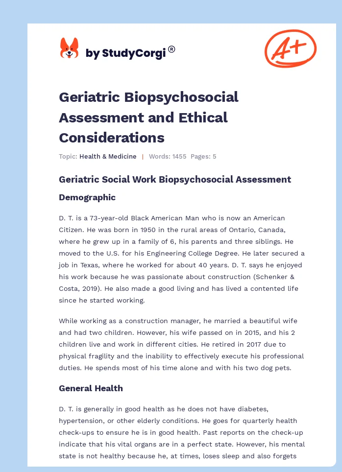 Geriatric Biopsychosocial Assessment and Ethical Considerations. Page 1