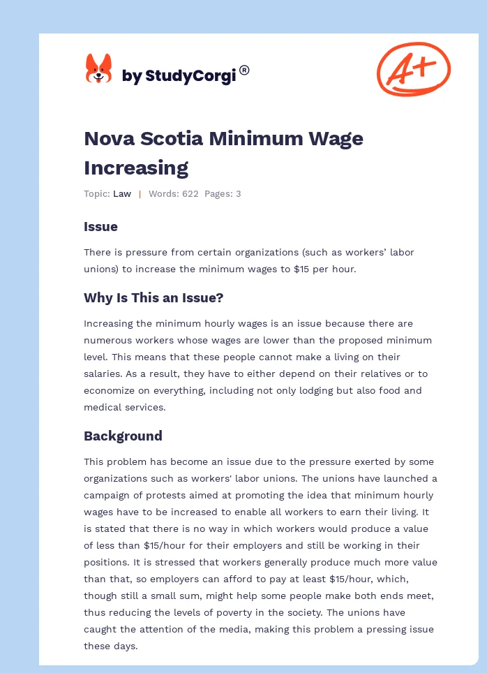 Nova Scotia Minimum Wage Increasing Free Essay Example