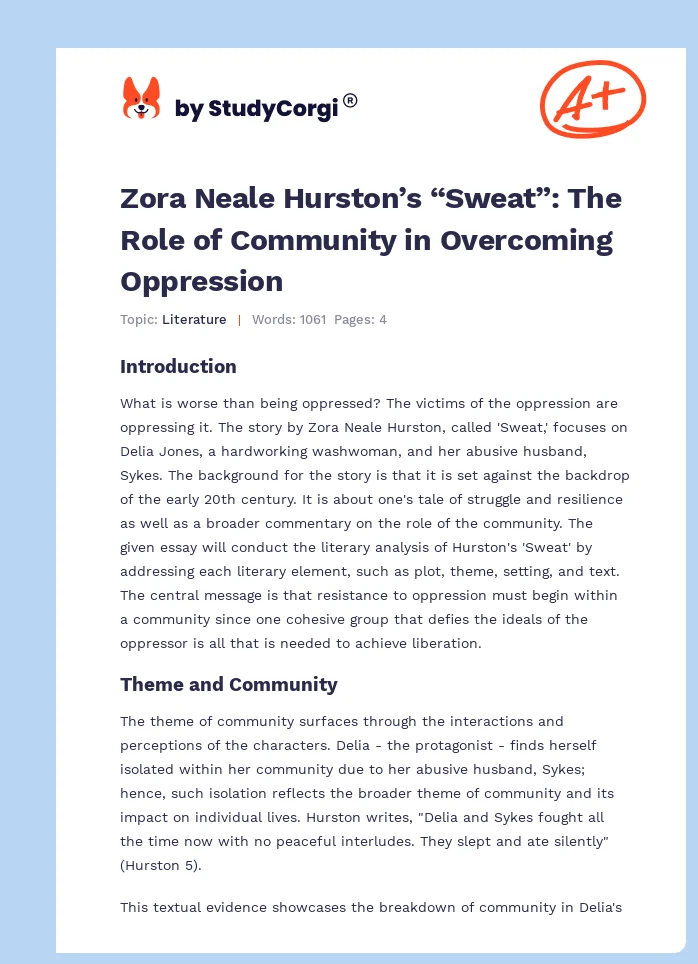 Zora Neale Hurston’s “Sweat”: The Role of Community in Overcoming Oppression. Page 1