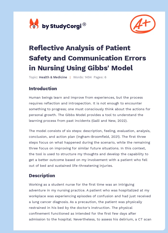Reflective Analysis of Patient Safety and Communication Errors in Nursing Using Gibbs' Model. Page 1