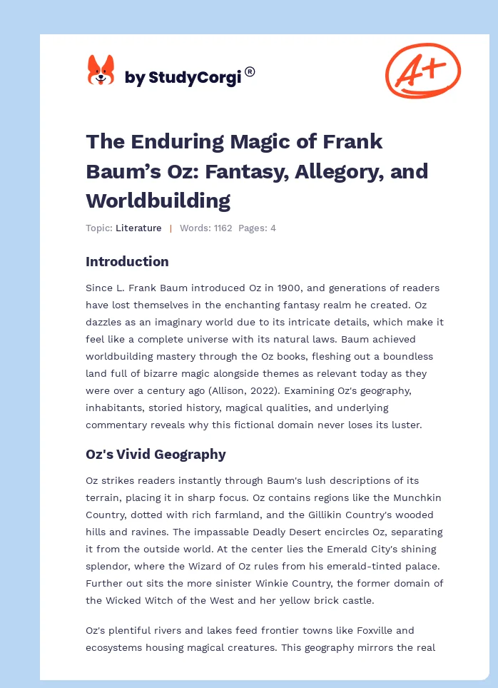 The Enduring Magic of Frank Baum’s Oz: Fantasy, Allegory, and Worldbuilding. Page 1