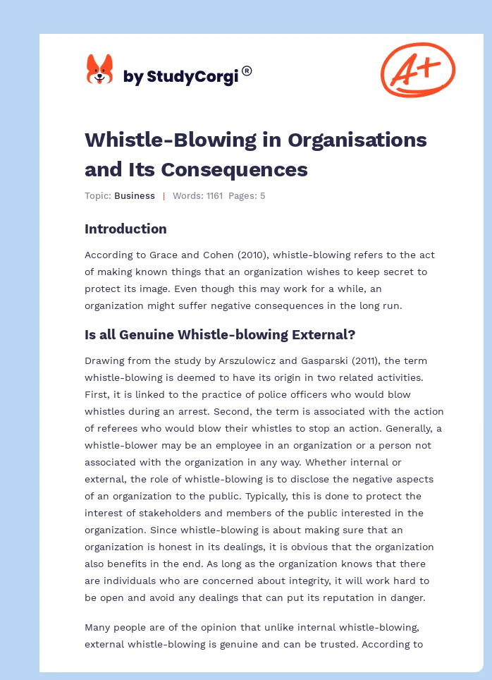 Whistle-Blowing in Organisations and Its Consequences. Page 1