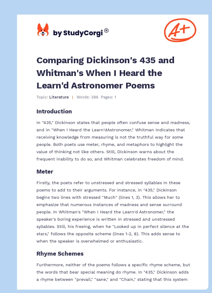 Comparing Dickinson's 435 and Whitman's When I Heard the Learn'd Astronomer Poems. Page 1