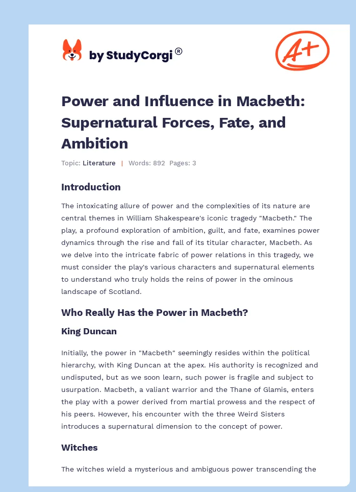 Power and Influence in Macbeth: Supernatural Forces, Fate, and Ambition. Page 1