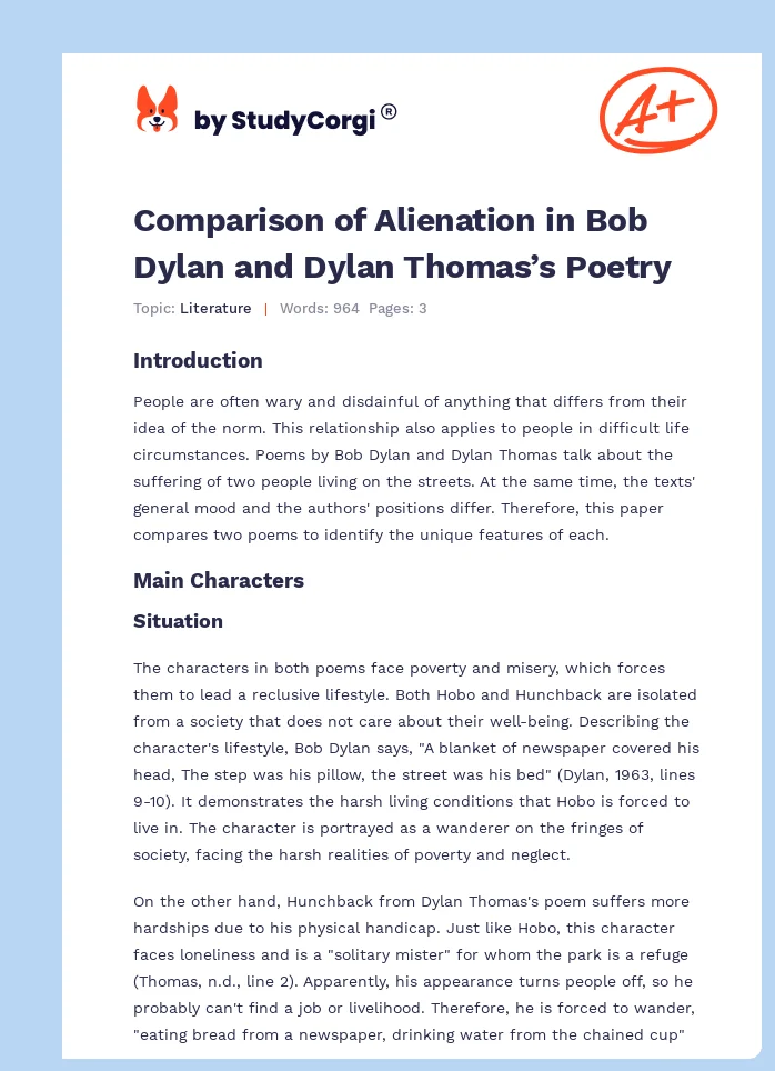 Comparison of Alienation in Bob Dylan and Dylan Thomas’s Poetry. Page 1