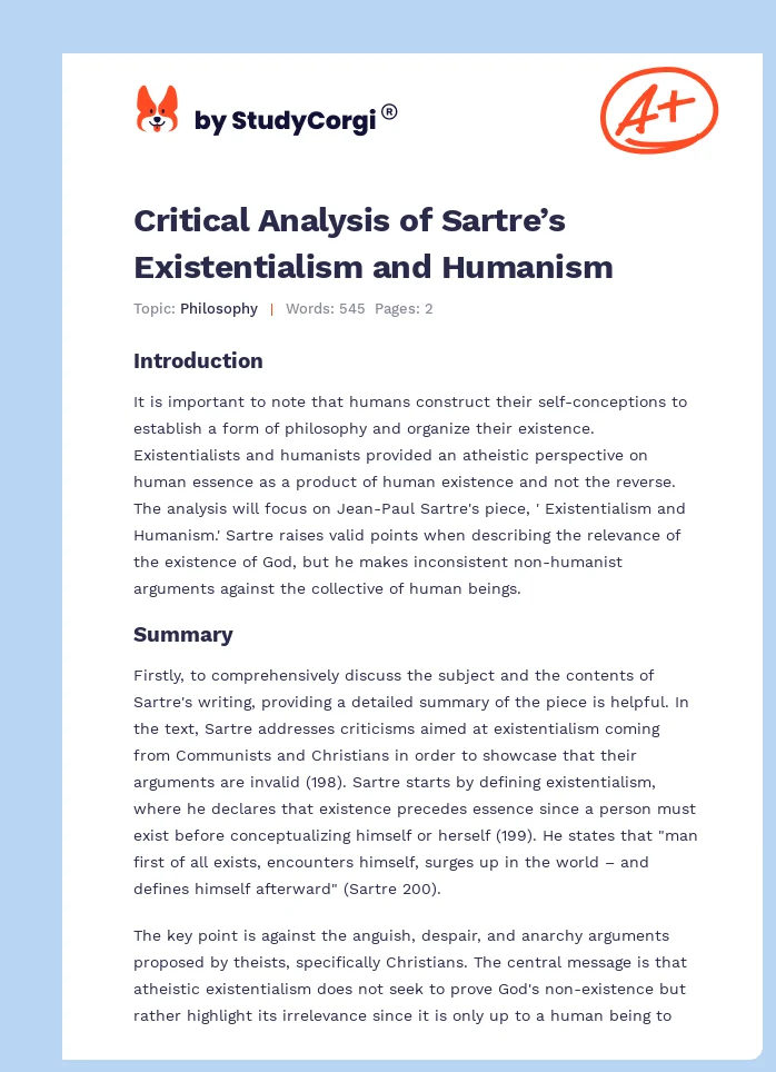 Critical Analysis of Sartre’s Existentialism and Humanism. Page 1