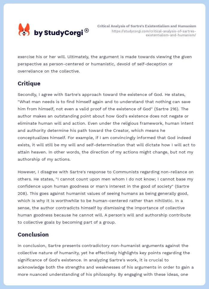 Critical Analysis of Sartre’s Existentialism and Humanism. Page 2