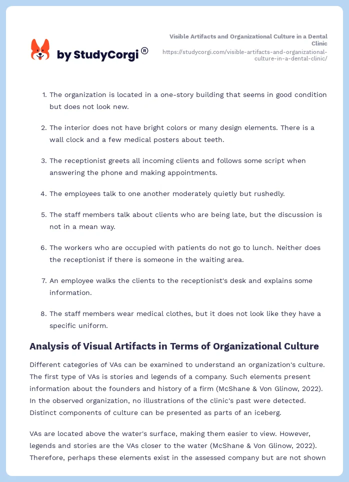 Visible Artifacts and Organizational Culture in a Dental Clinic. Page 2