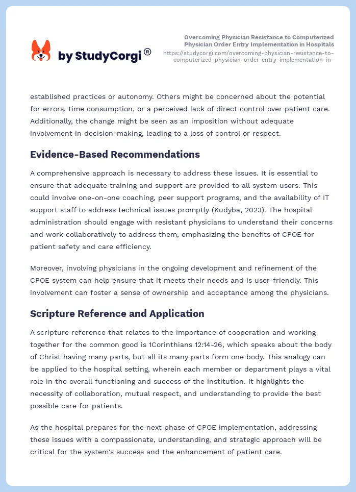 Overcoming Physician Resistance to Computerized Physician Order Entry Implementation in Hospitals. Page 2