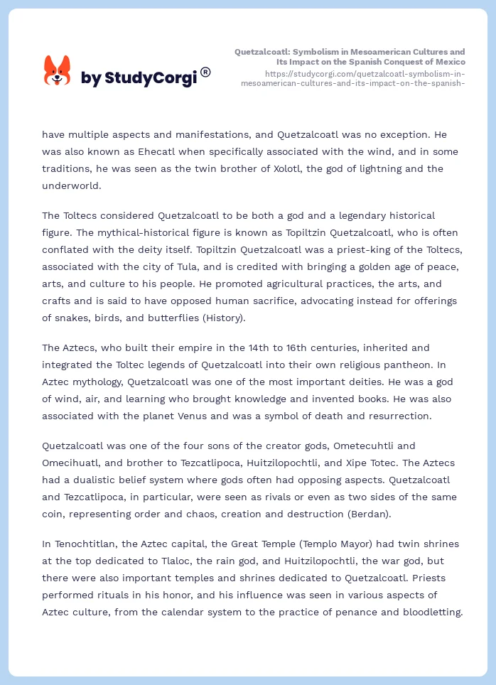 Quetzalcoatl: Symbolism in Mesoamerican Cultures and Its Impact on the Spanish Conquest of Mexico. Page 2