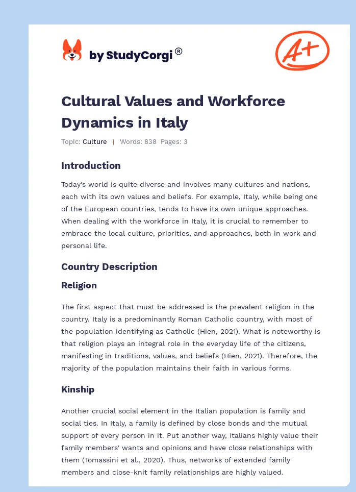 Cultural Values and Workforce Dynamics in Italy. Page 1