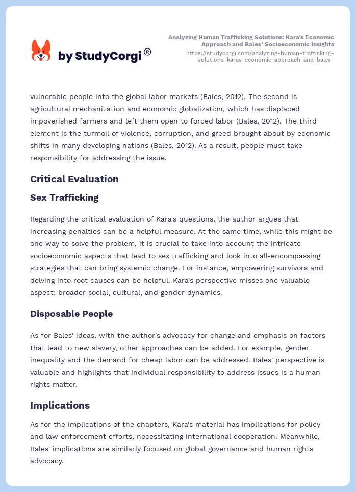 Analyzing Human Trafficking Solutions: Kara’s Economic Approach and Bales’ Socioeconomic Insights. Page 2