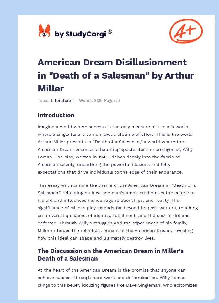 American Dream Disillusionment in "Death of a Salesman" by Arthur Miller. Page 1