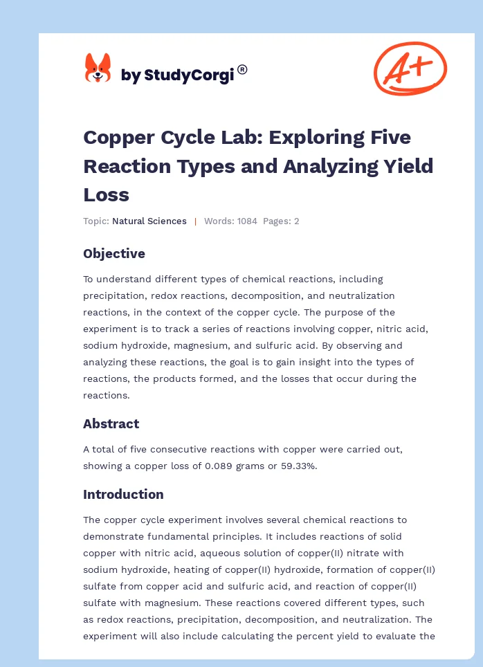 Copper Cycle Lab: Exploring Five Reaction Types and Analyzing Yield Loss. Page 1