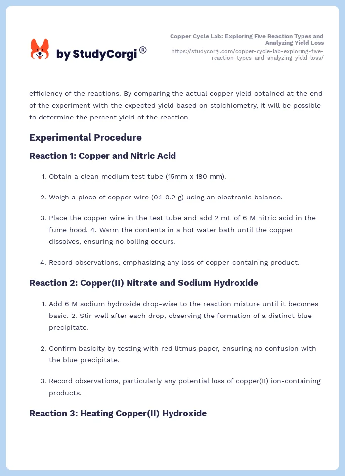Copper Cycle Lab: Exploring Five Reaction Types and Analyzing Yield Loss. Page 2