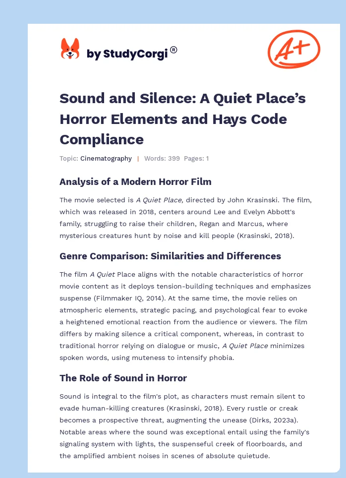 Sound and Silence: A Quiet Place’s Horror Elements and Hays Code Compliance. Page 1