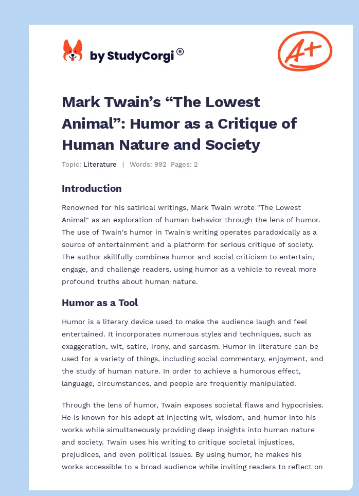 Mark Twain’s “The Lowest Animal”: Humor as a Critique of Human Nature and Society. Page 1